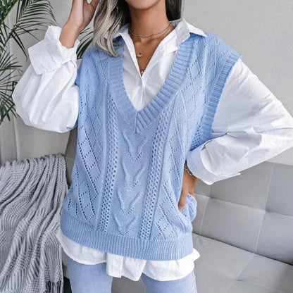 Frauen Strickweste V-Ausschnitt Zopfdesign - IdealeKleiden