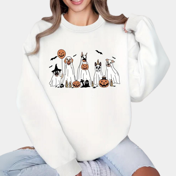 Halloween Pullover Damen Süßer Hundeaufdruck