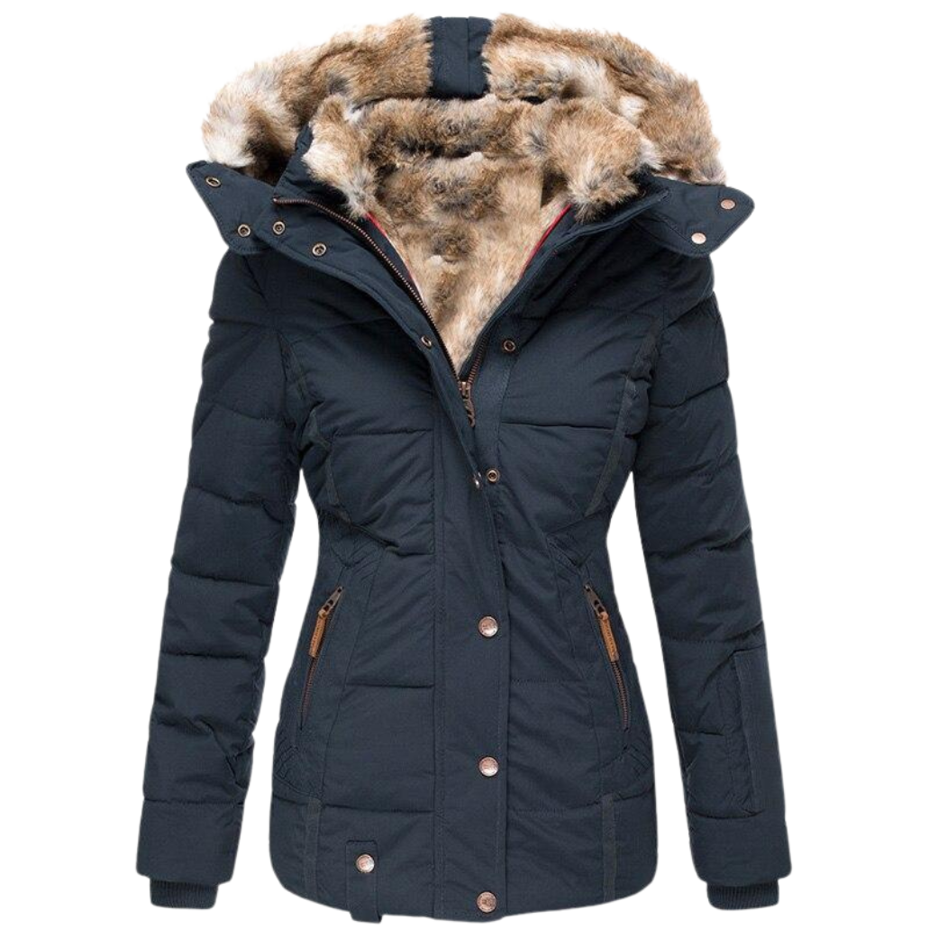 Warmes Winterkleid | Damenmantel mit Fellkragen und Steppnähten