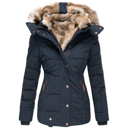 Warmes Winterkleid | Damenmantel mit Fellkragen und Steppnähten