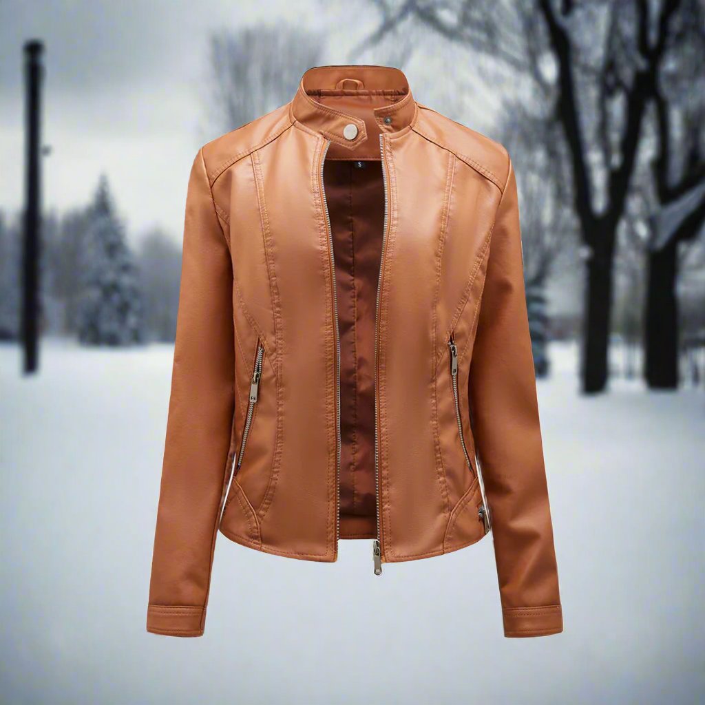 Lederjacke Biker Style Reißverschluss Stehkragen Slim