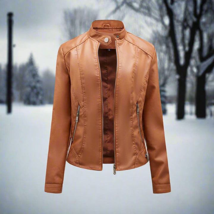 Lederjacke Biker Style Reißverschluss Stehkragen Slim