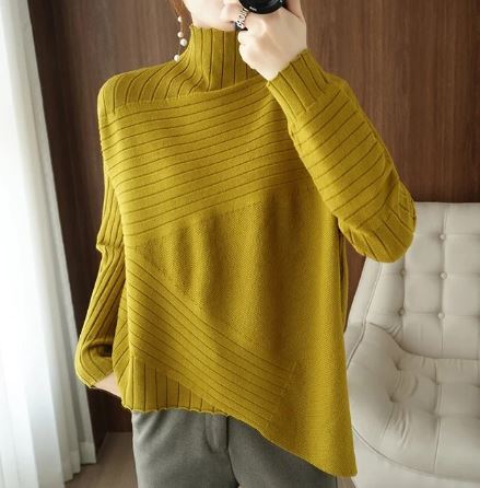 Gemütlicher Asymmetrischer Sweater Ripp Turtleneck Pullover - IdealeKleiden
