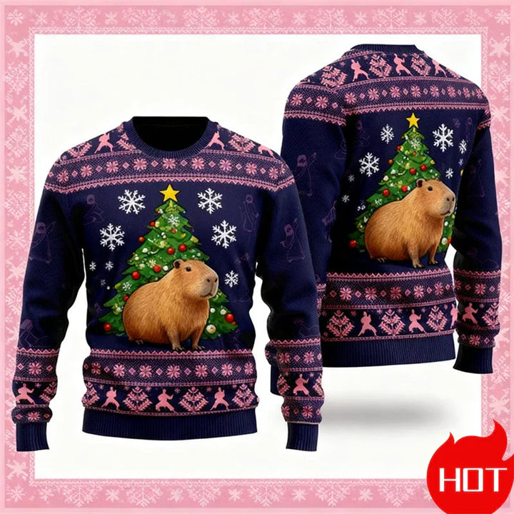 Weihnachtspullover 3D-Grafik Kapibara, Warm &amp; Festlich - IdealeKleiden
