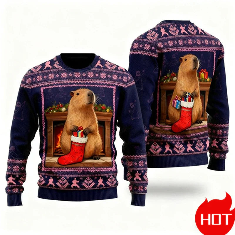 Weihnachtspullover 3D-Grafik Kapibara, Warm &amp; Festlich