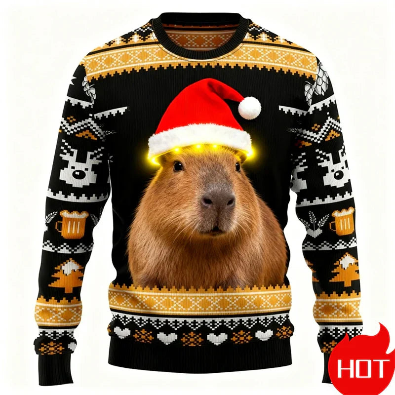 Weihnachtspullover 3D-Grafik Kapibara, Warm &amp; Festlich