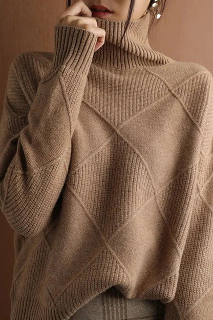 Eleganter Diamant Strick Pullover Damen Rollkragen