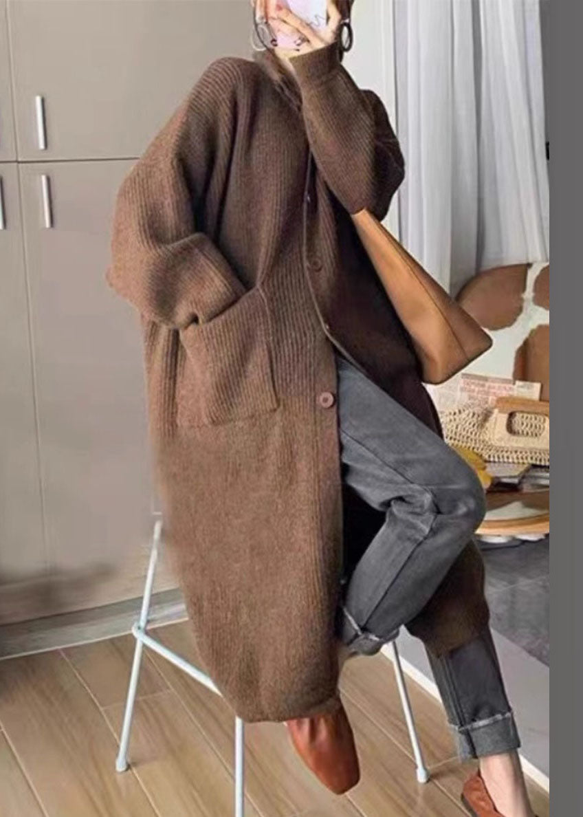 Damen Strickjacke Lang Elegant mit Kragen und Taschen