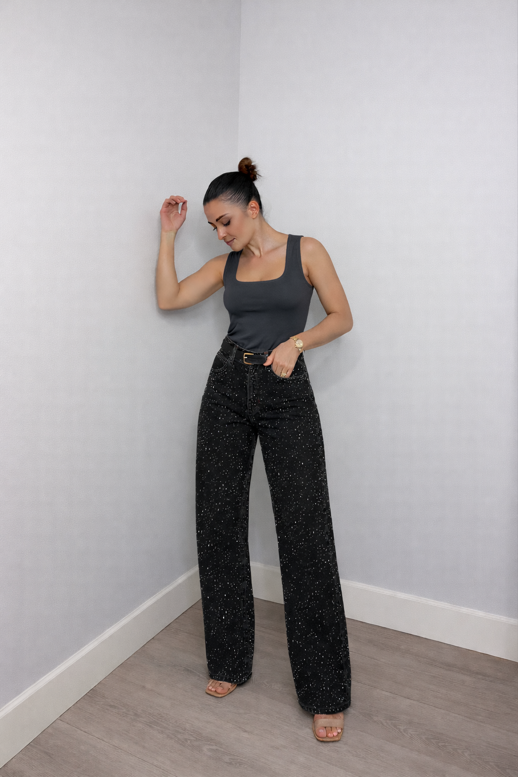 Frauen Hose Hochtailliert Glitzer Effekt