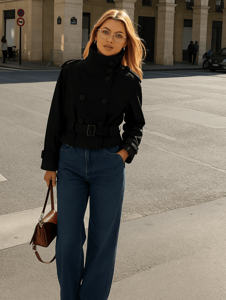 Damen Kurz Trenchcoat Winter Chic mit Gürtel