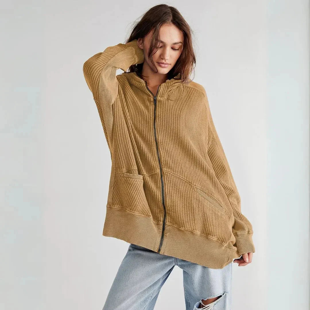 Übergroße Waffel-Strick Hoodie Damen Oversized
