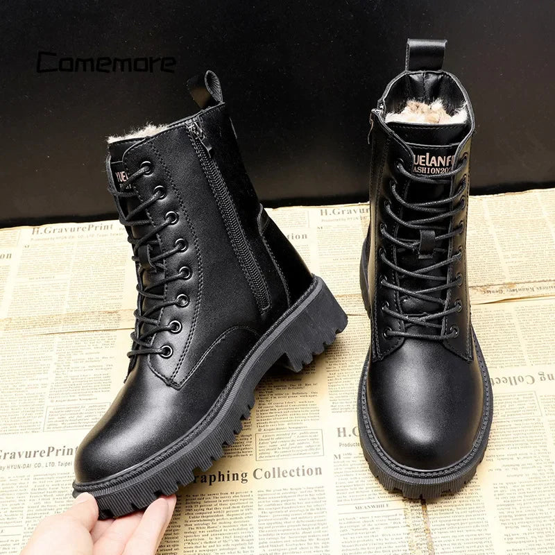 Schicke Winterstiefel Schwarz Leder - IdealeKleiden
