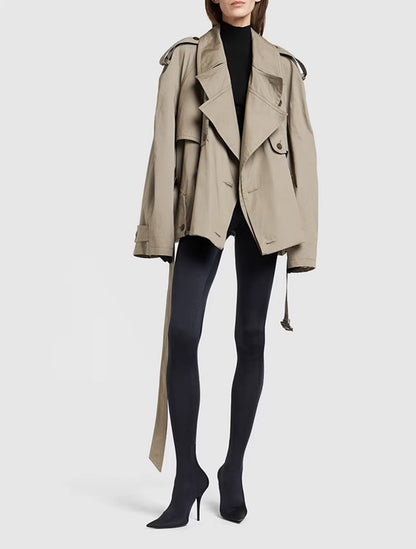 Damen Trenchcoat Kurz Schnitt Langärmlig Modern - IdealeKleiden