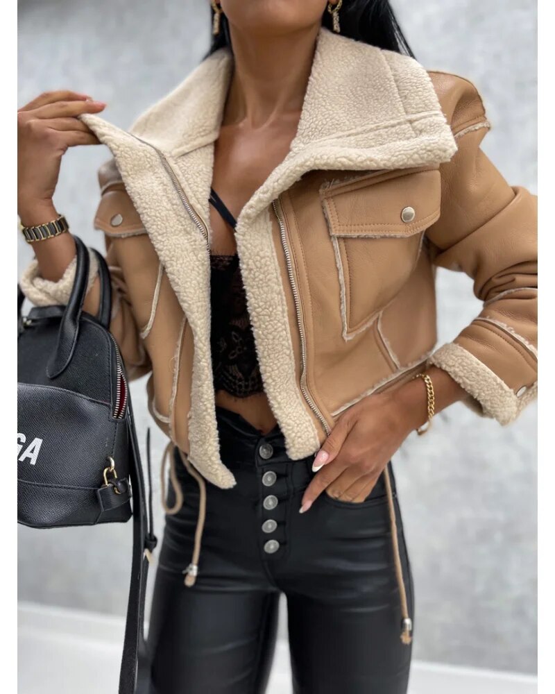 Damen Winterjacke Kurz Kunstfell Mantel
