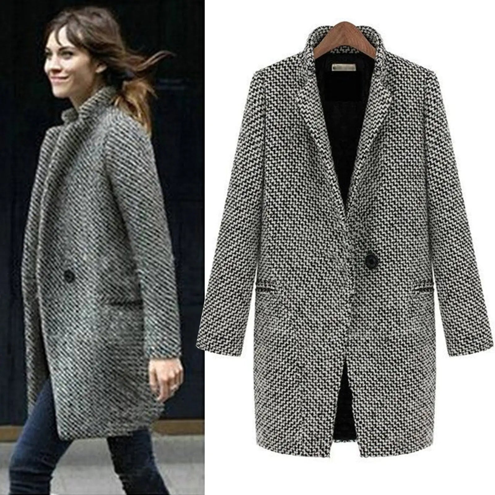 Lange Damenwinterjacke Woll Schwarz - IdealeKleiden