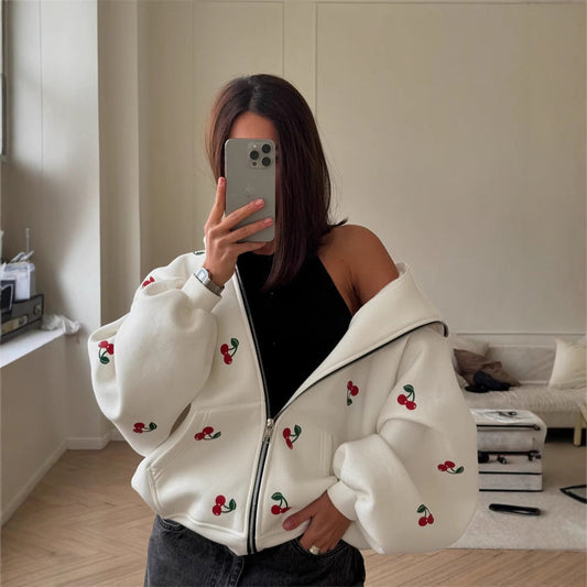 Damen Sweatshirt Kapuze Kirschmuster Trendy - IdealeKleiden