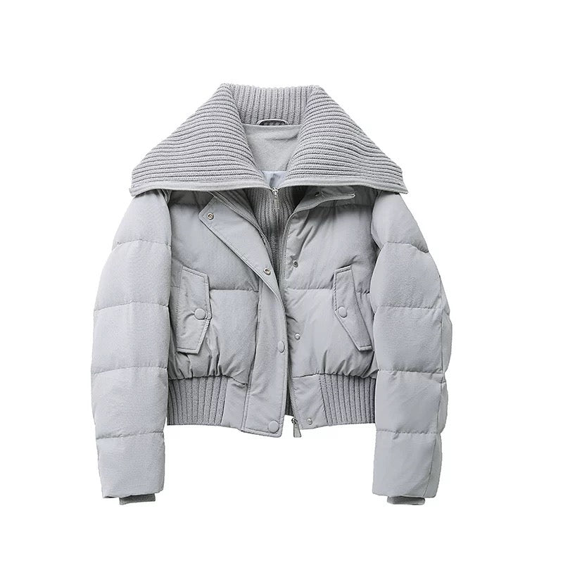Damen Kurze Pufferjacke Warm Gepolstert Rippkragen
