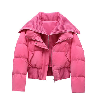 Damen Kurze Pufferjacke Warm Gepolstert Rippkragen