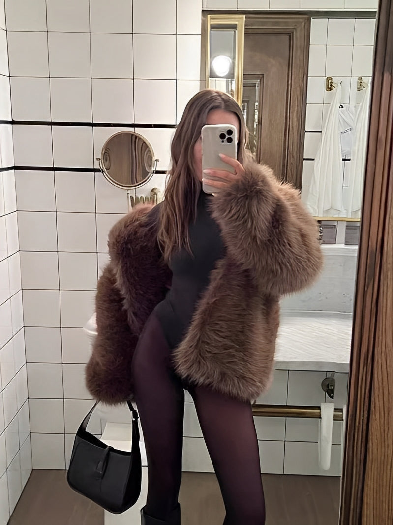 Damen Kurzjacke Weiches Kunstfell Locker Fit