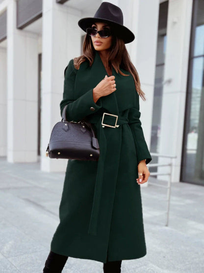 Damen Lange Wolljacke mit Gürtel und Faltenrevers - IdealeKleiden