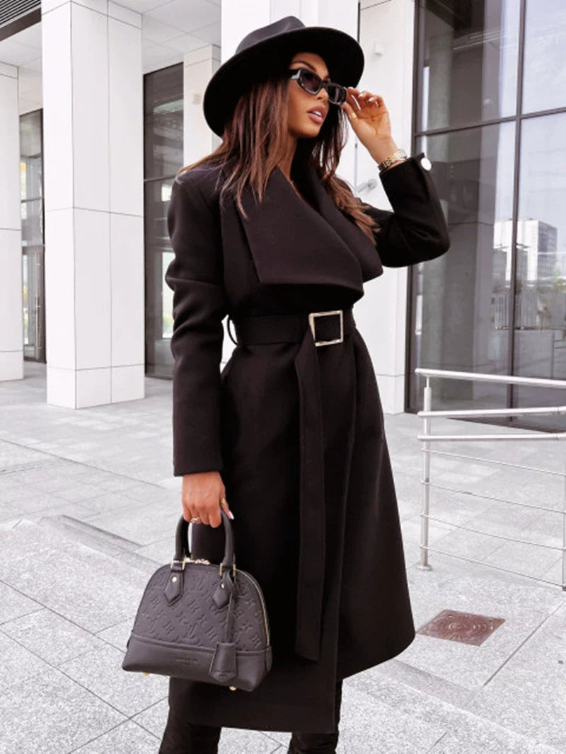 Damen Lange Wolljacke mit Gürtel und Faltenrevers