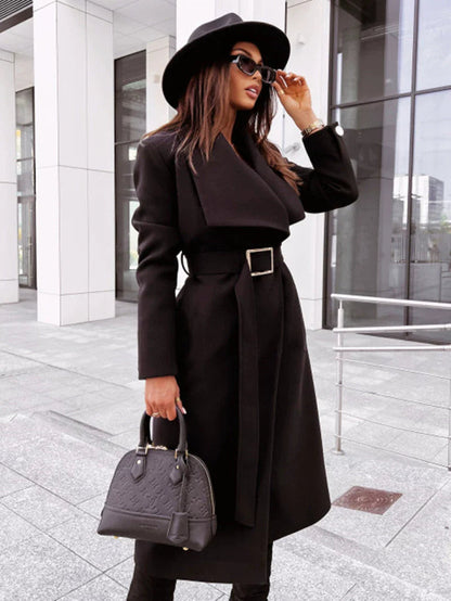 Damen Lange Wolljacke mit Gürtel und Faltenrevers