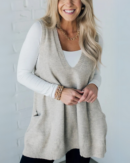 Damen Cardigan Pullover V-Ausschnitt Mit Taschen