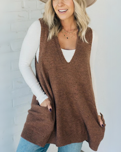 Damen Cardigan Pullover V-Ausschnitt Mit Taschen