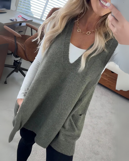 Damen Cardigan Pullover V-Ausschnitt Mit Taschen