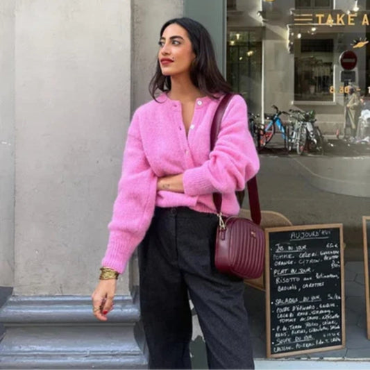 Damen Cardigan Rosa Rundhals Knöpfe - IdealeKleiden