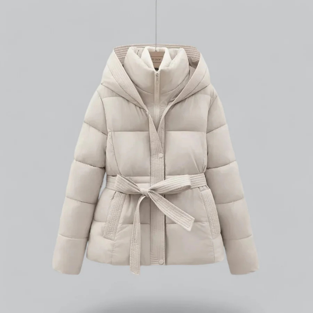 Stylische Damen Pufferjacke Mit Kapuze und Gürtel