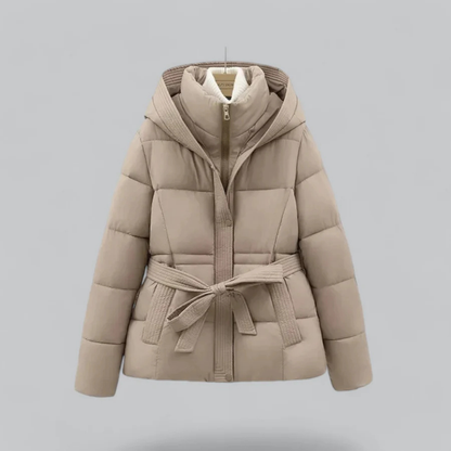 Stylische Damen Pufferjacke Mit Kapuze und Gürtel