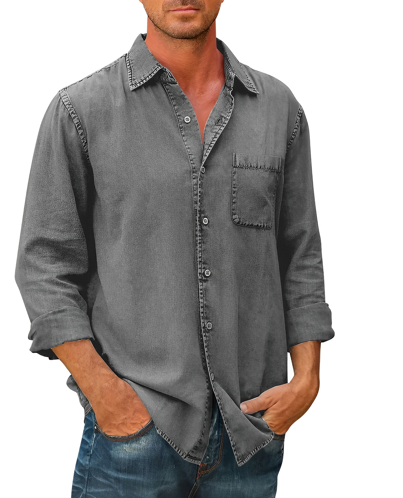 Herren Denim Hemd Langarm Modern Kragen