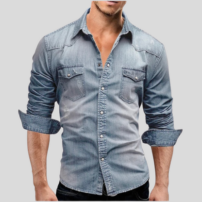 Herren Slimfit Hemd Langarm Blau Denim - IdealeKleiden
