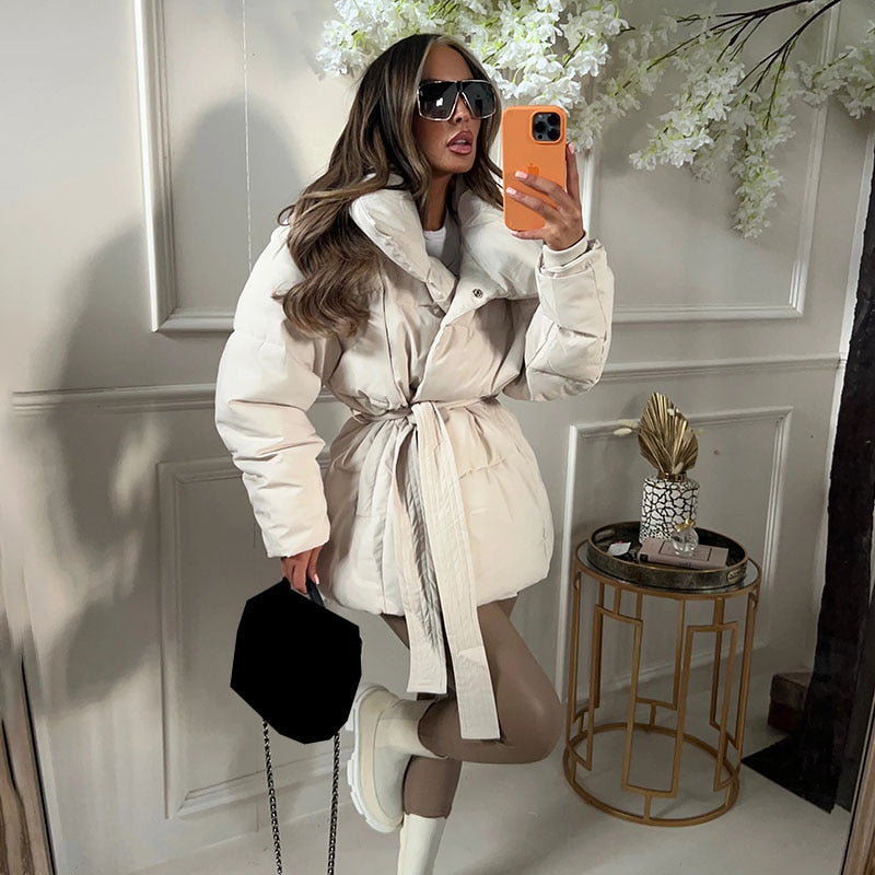 Damen Winterparka Dick Warm Mit Gürtel