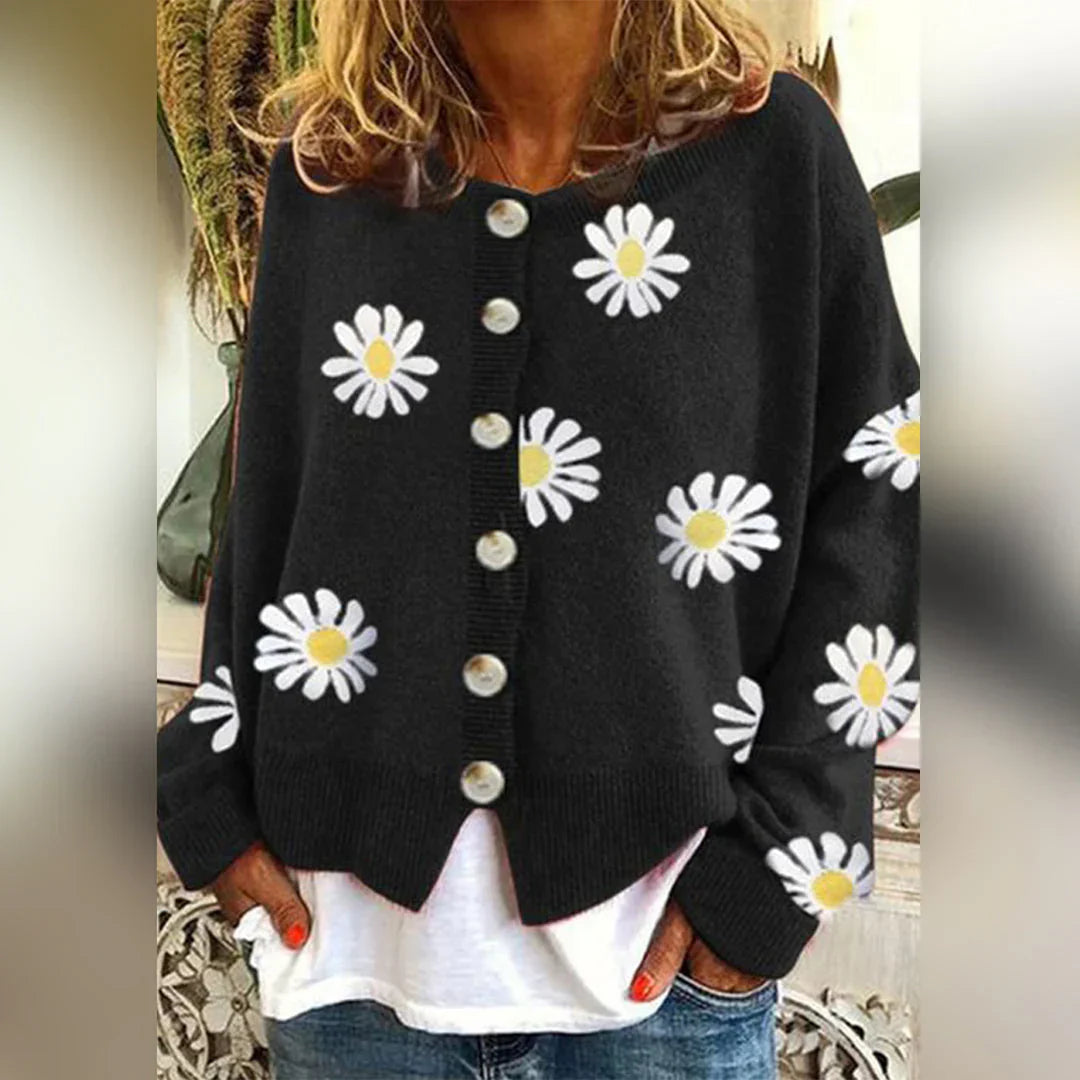 Damen Strickjacke Langarm Blumenmuster Elegance