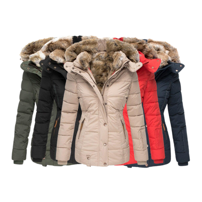 Warmes Winterkleid | Damenmantel mit Fellkragen und Steppnähten - IdealeKleiden