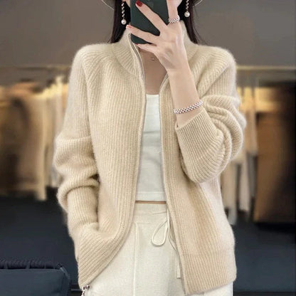 Damen Luxus Cardigan mit Reißverschluss und Stehkragen