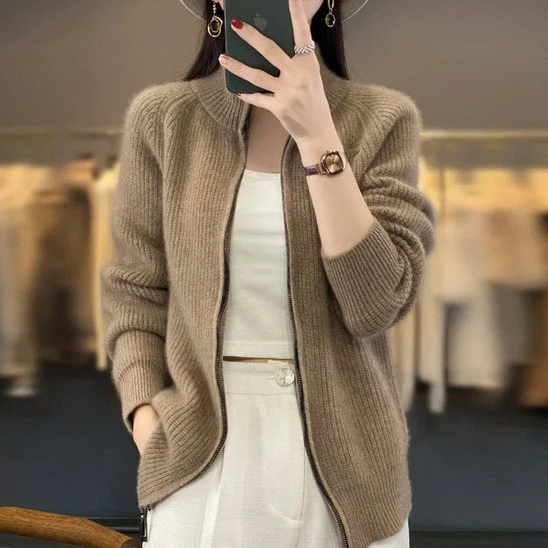 Damen Luxus Cardigan mit Reißverschluss und Stehkragen