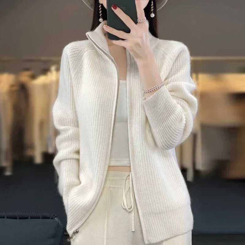 Damen Luxus Cardigan mit Reißverschluss und Stehkragen
