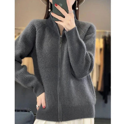 Damen Luxus Cardigan mit Reißverschluss und Stehkragen