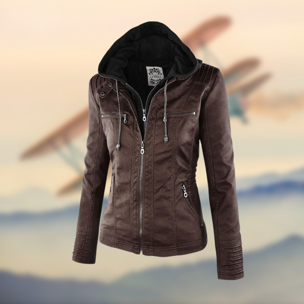 Stilvolle Damen Lederjacke Kapuze