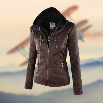 Stilvolle Damen Lederjacke Kapuze
