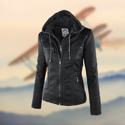 Stilvolle Damen Lederjacke Kapuze