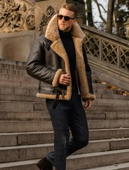 Luxus Lederjacke Vintage Style Lammfell Effekt
