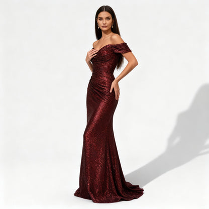 Glamouröses Paillettenkleid Damen Schulterfrei Abendkleid