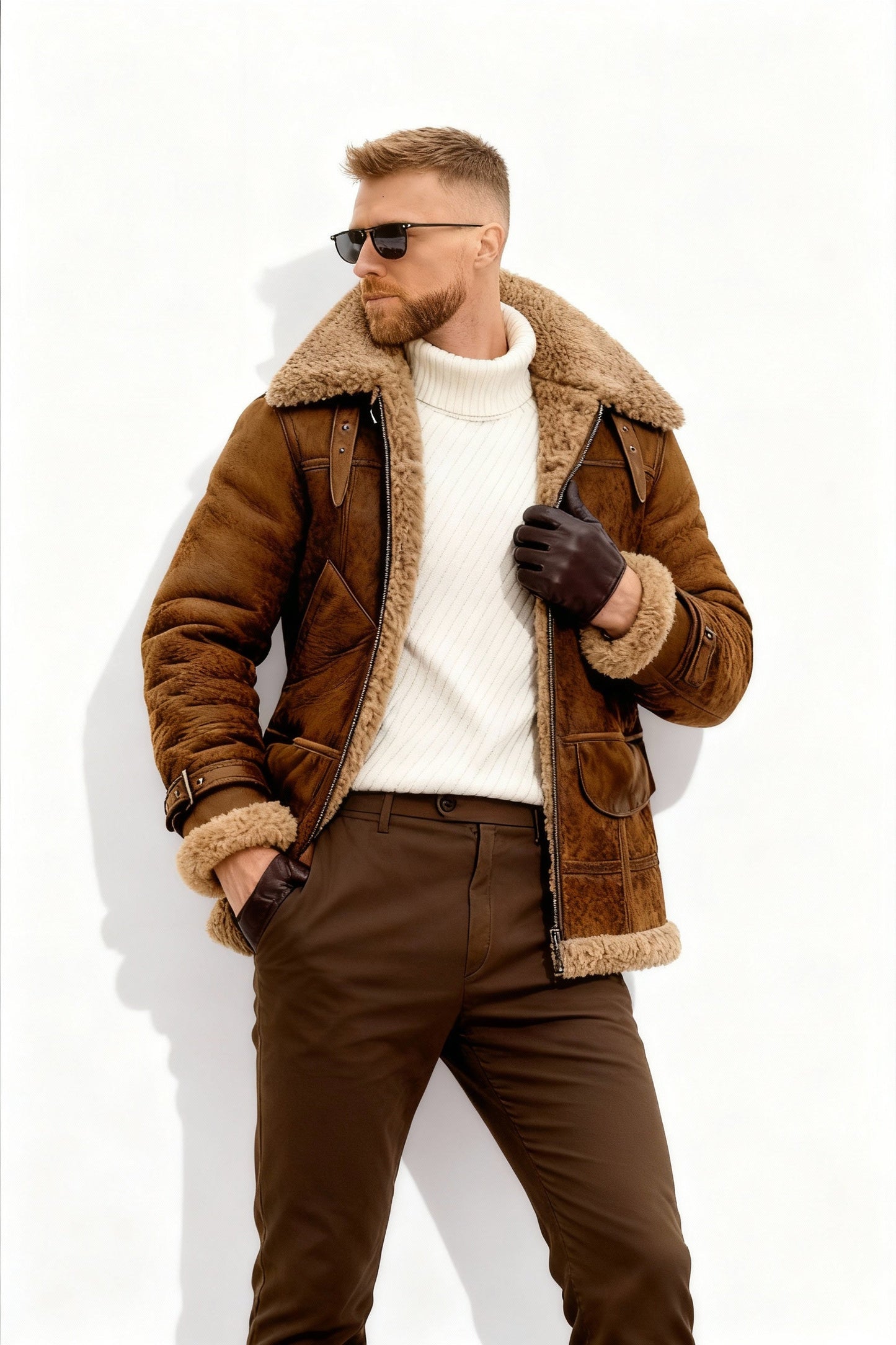 Herren Fliegerjacke Warm Gefüttert Camel Braun