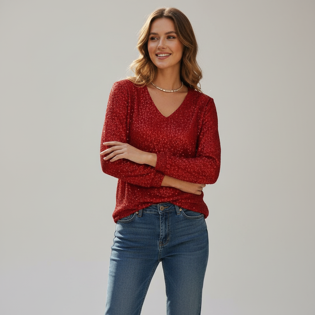 Glitzer Top V-Ausschnitt Damen Oberteil