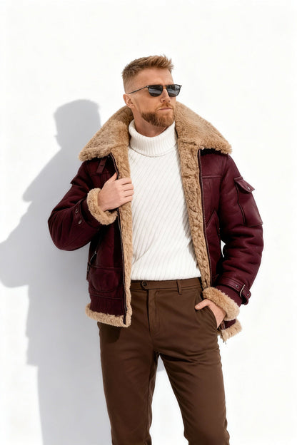 Herren Fliegerjacke Warm Gefüttert Camel Braun