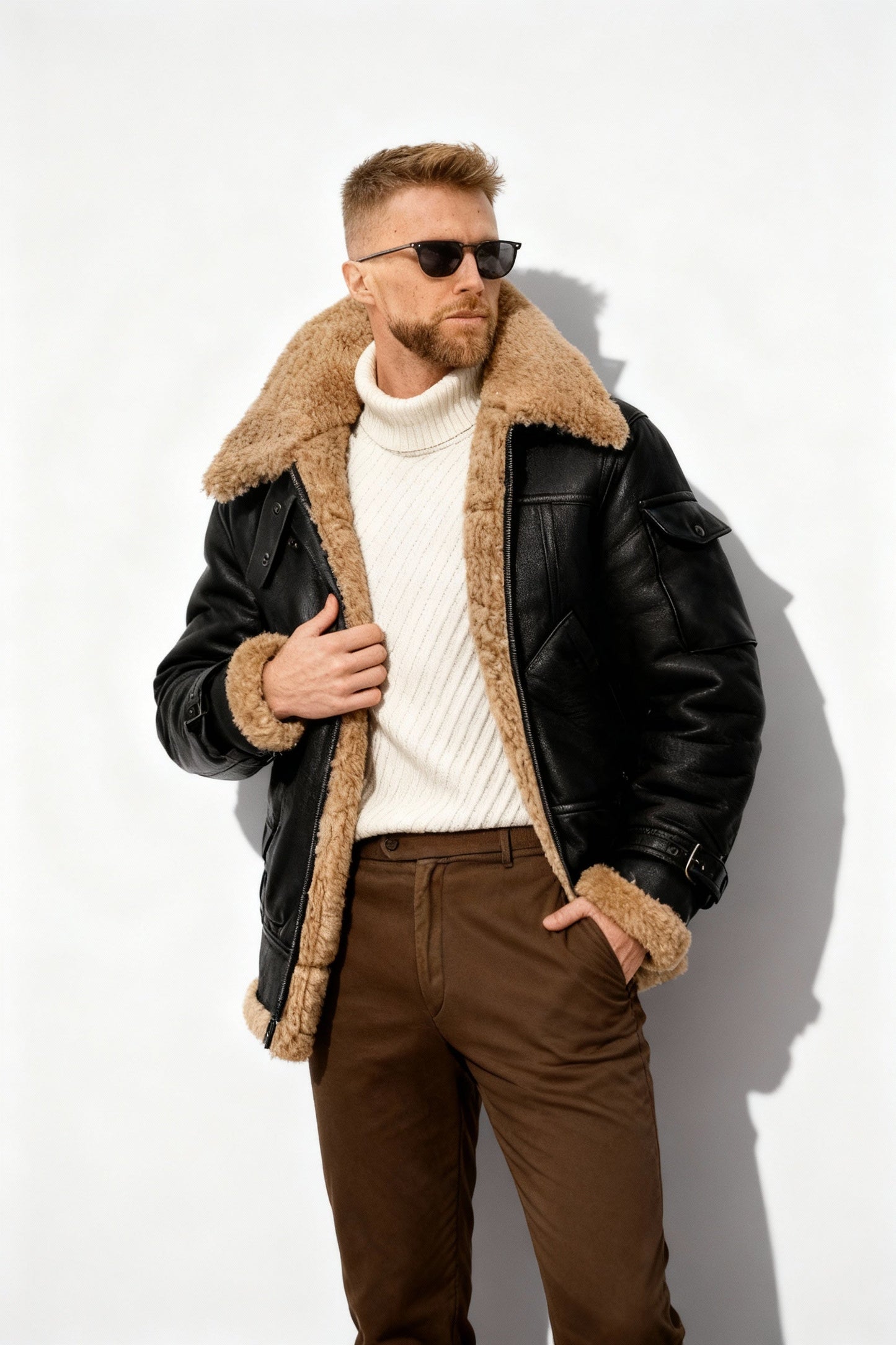 Herren Fliegerjacke Warm Gefüttert Camel Braun